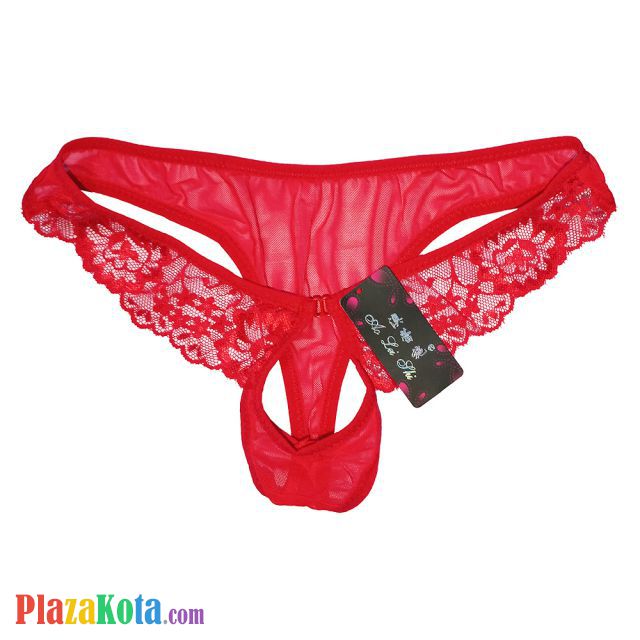 GP072 - Celana Dalam G-String Pria Merah Transparan Renda Lubang Depan - Photo 1