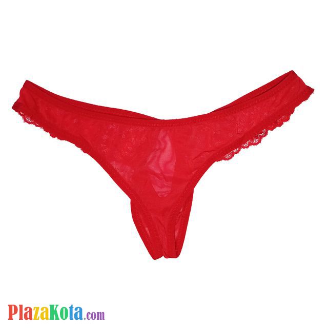 GP072 - Celana Dalam G-String Pria Merah Transparan Renda Lubang Depan - Photo 2