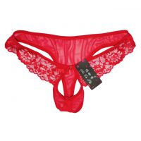 GP072 - Celana Dalam G-String Pria Merah Transparan Renda Lubang Depan