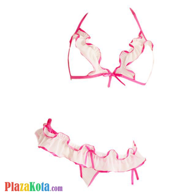 B355 - Bra Set Bralette Halter Open Cup Putih Tali Magenta Celana Dalam Crotchless