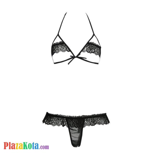 B358 - Bra Set Bralette Halter Open Cup Hitam Celana Dalam Crotchless