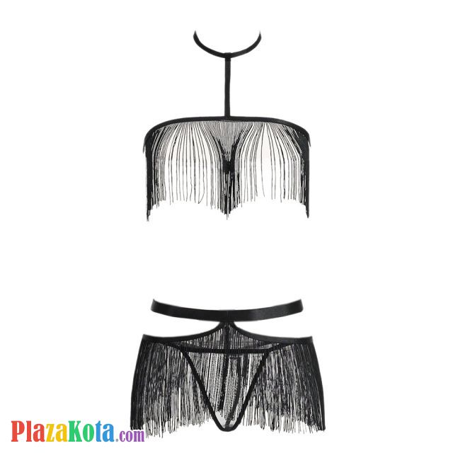 B359 - Bra Set Bralette Halter Hitam Celana Dalam Rumbai - Photo 1