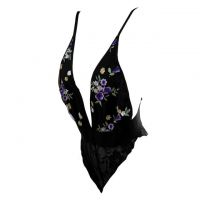 L1305 - Baju Tidur Lingerie Teddy Bodysuit Dress Hitam Bordir Bunga Belahan Dada Rendah