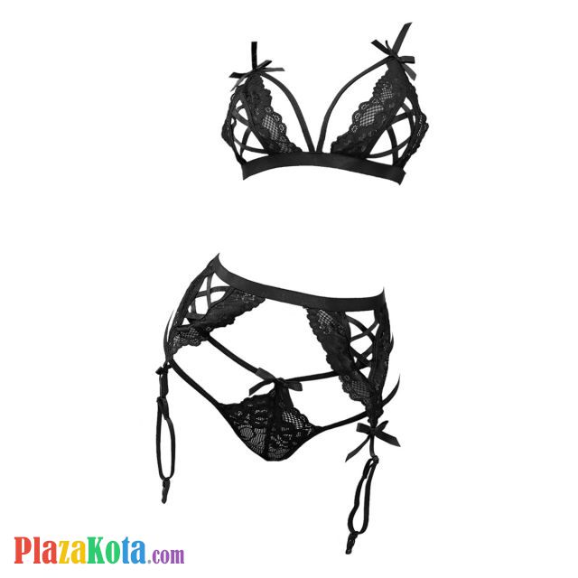 B370 - Bra Set Bralette Open Cup Hitam Celana Dalam Garter Belt Stocking - Photo 1