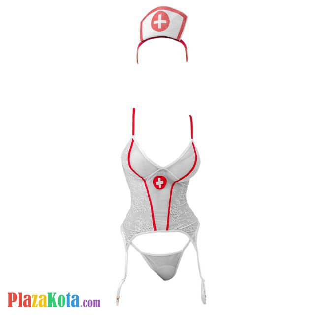 L1309 - Lingerie Costume Cosplay Nurse Suster Perawat Putih Transparan Bando Garter Stocking - Photo 1