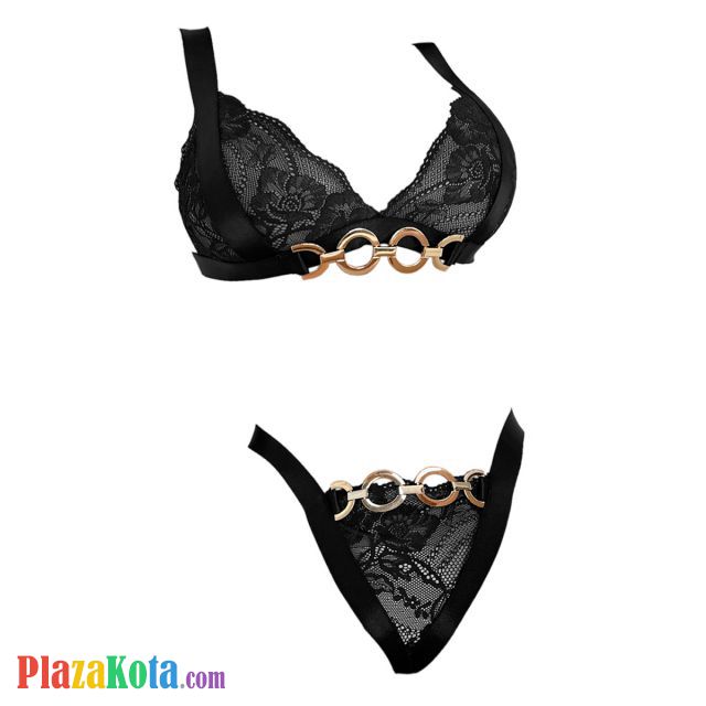 B371 - Bra Set Bralette Hitam Transparan Celana Dalam Rantai Gold - Photo 1