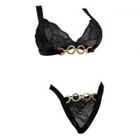 B371 - Bra Set Bralette Hitam Transparan Celana Dalam Rantai Gold
