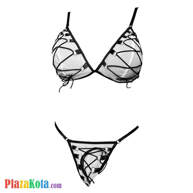 B372 - Bra Set Bralette Putih Transparan Celana Dalam Panties Thong Tali Silang-Silang - Photo 1
