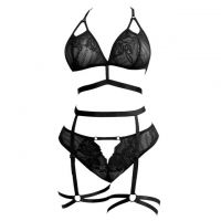 B373 - Bra Set Bralette Halter Hitam Transparan Celana Dalam Panties Hipster Tali Garter