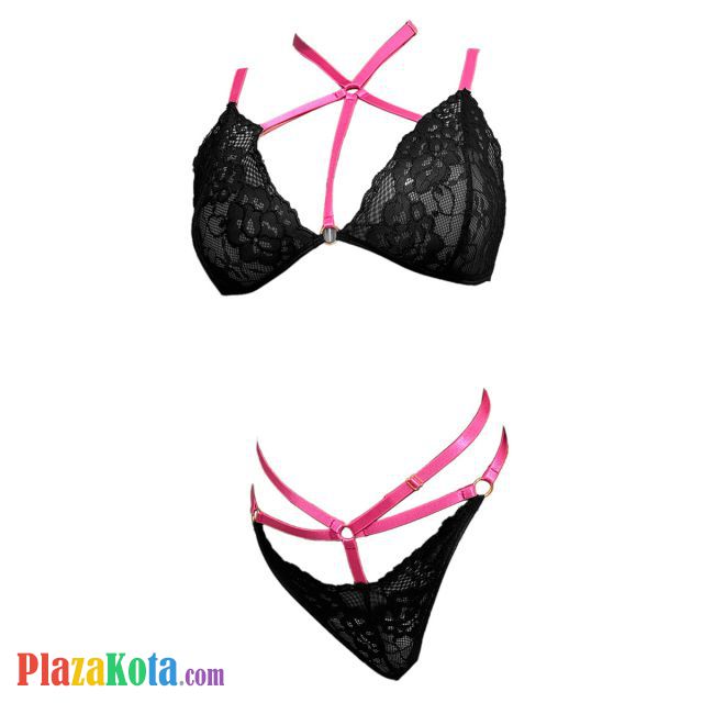 B374 - Bra Set Bralette Hitam Transparan Celana Dalam Tali Magenta - Photo 1