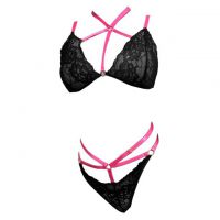 B374 - Bra Set Bralette Hitam Transparan Celana Dalam Tali Magenta