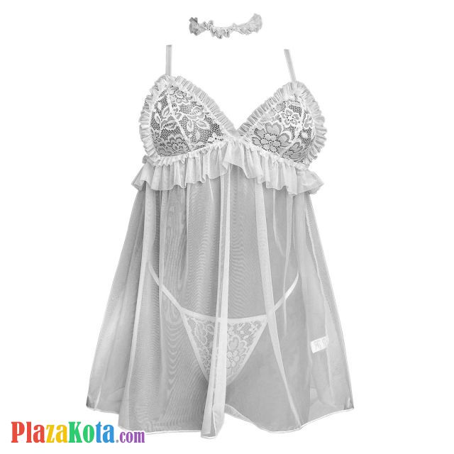L1312 - Baju Tidur Lingerie Babydoll Mini Dress Putih Transparan Kalung Choker - Photo 1