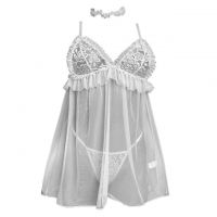L1312 - Baju Tidur Lingerie Babydoll Mini Dress Putih Transparan Kalung Choker