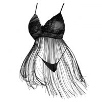 L1315 - Baju Tidur Lingerie Babydoll Mini Dress Hitam Transparan Rumbai
