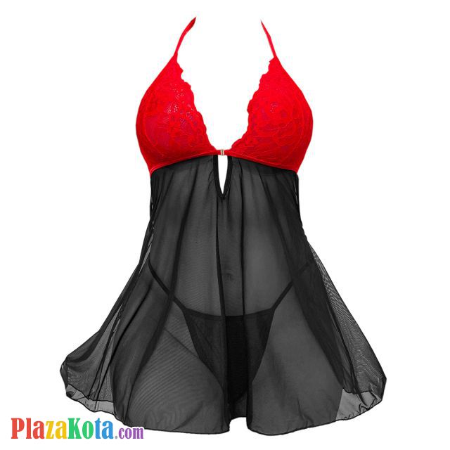L1316 - Baju Tidur Lingerie Babydoll Mini Dress Halter Hitam Transparan Kombinasi Merah - Photo 1