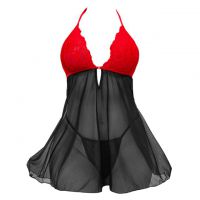 L1316 - Baju Tidur Lingerie Babydoll Mini Dress Halter Hitam Transparan Kombinasi Merah