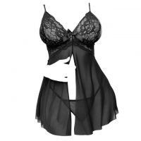 L1318 - Baju Tidur Lingerie Babydoll Mini Dress Hitam Transparan Belah Depan