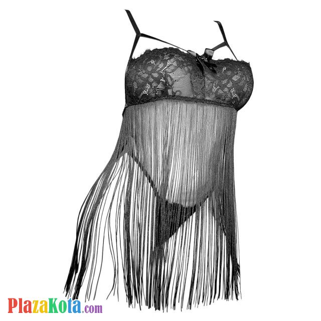 L1321 - Baju Tidur Lingerie Babydoll Mini Dress Tali Silang Hitam Transparan Rumbai - Photo 1