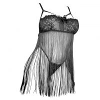 L1321 - Baju Tidur Lingerie Babydoll Mini Dress Tali Silang Hitam Transparan Rumbai