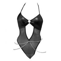 L1322 - Baju Tidur Lingerie Teddy Bodysuit Dress Halter Hitam Jaring Rantai Silver
