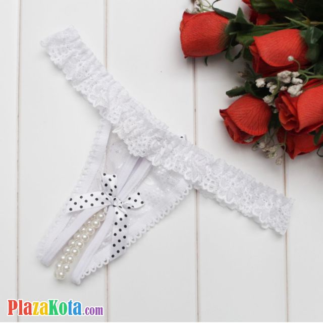 GS371 - Celana Dalam G-String Mutiara Crotchless Putih Karet Renda - Photo 1