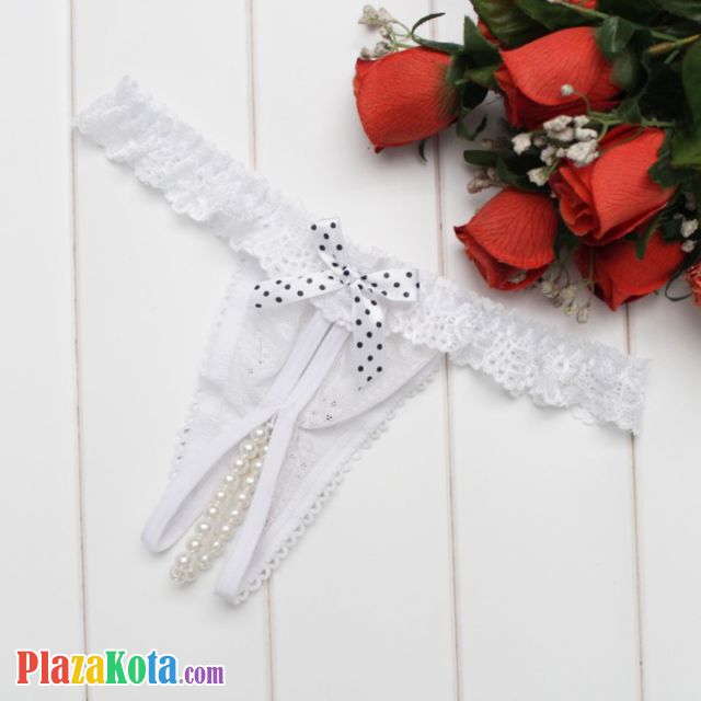 GS371 - Celana Dalam G-String Mutiara Crotchless Putih Karet Renda - Photo 2