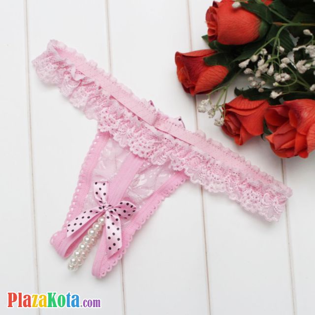 GS372 - Celana Dalam G-String Mutiara Crotchless Pink Karet Renda - Photo 1