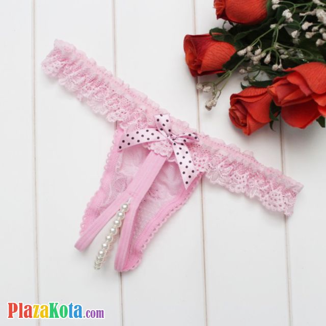GS372 - Celana Dalam G-String Mutiara Crotchless Pink Karet Renda - Photo 2