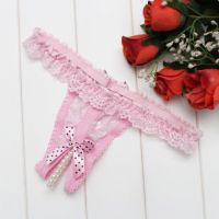GS372 - Celana Dalam G-String Mutiara Crotchless Pink Karet Renda