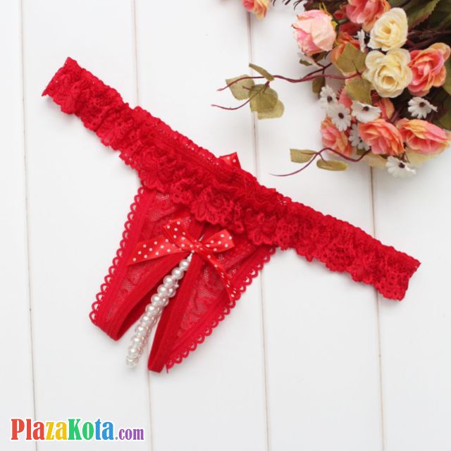 GS373 - Celana Dalam G-String Mutiara Crotchless Merah Karet Renda - Photo 1