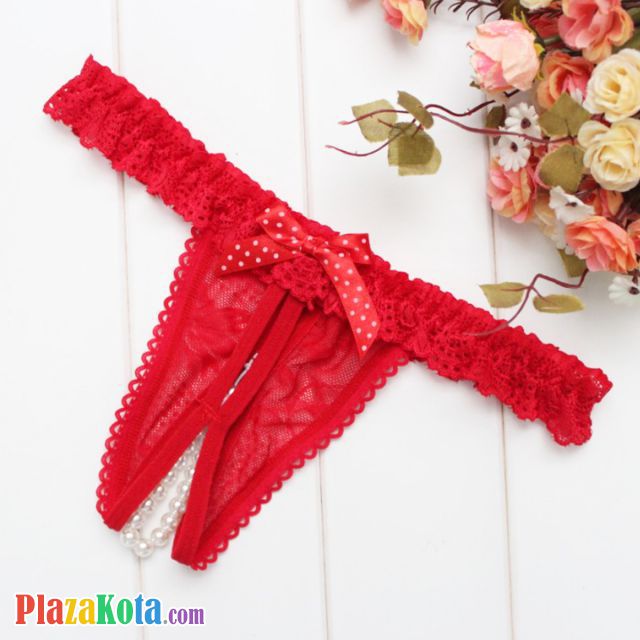 GS373 - Celana Dalam G-String Mutiara Crotchless Merah Karet Renda - Photo 2