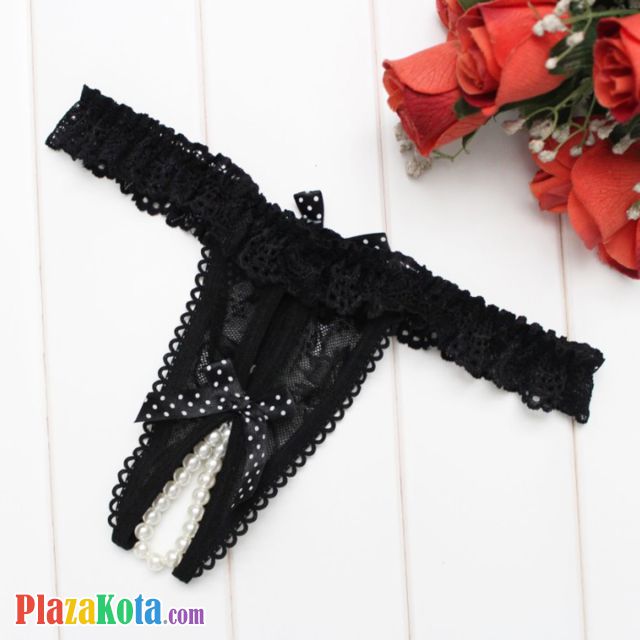 GS374 - Celana Dalam G-String Mutiara Crotchless Hitam Karet Renda - Photo 1