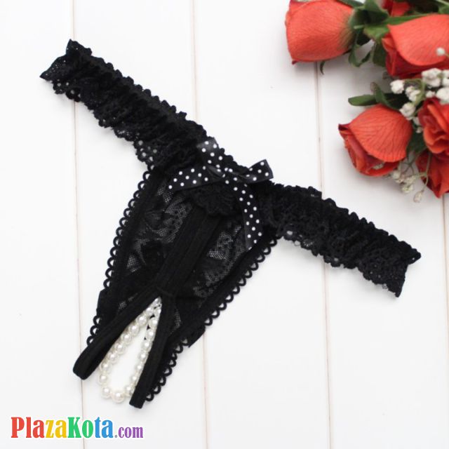 GS374 - Celana Dalam G-String Mutiara Crotchless Hitam Karet Renda - Photo 2