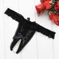 GS374 - Celana Dalam G-String Mutiara Crotchless Hitam Karet Renda