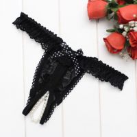 GS374 - Celana Dalam G-String Mutiara Crotchless Hitam Karet Renda - Thumbnail 2