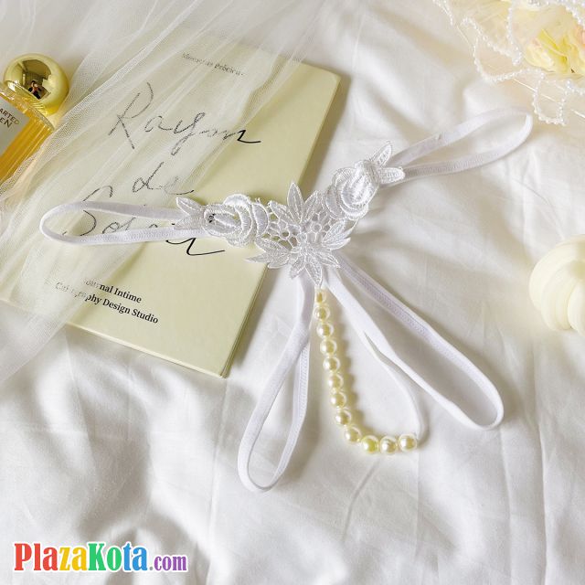 GS376 - Celana Dalam G-String Mutiara Crotchless Putih Bordir Bunga - Photo 1