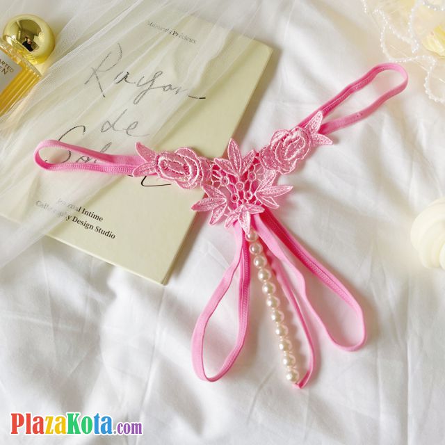 GS377 - Celana Dalam G-String Mutiara Crotchless Pink Bordir Bunga - Photo 1