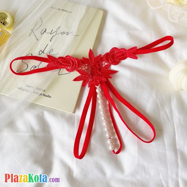GS378 - Celana Dalam G-String Mutiara Crotchless Merah Bordir Bunga - Photo 1