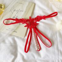 GS378 - Celana Dalam G-String Mutiara Crotchless Merah Bordir Bunga