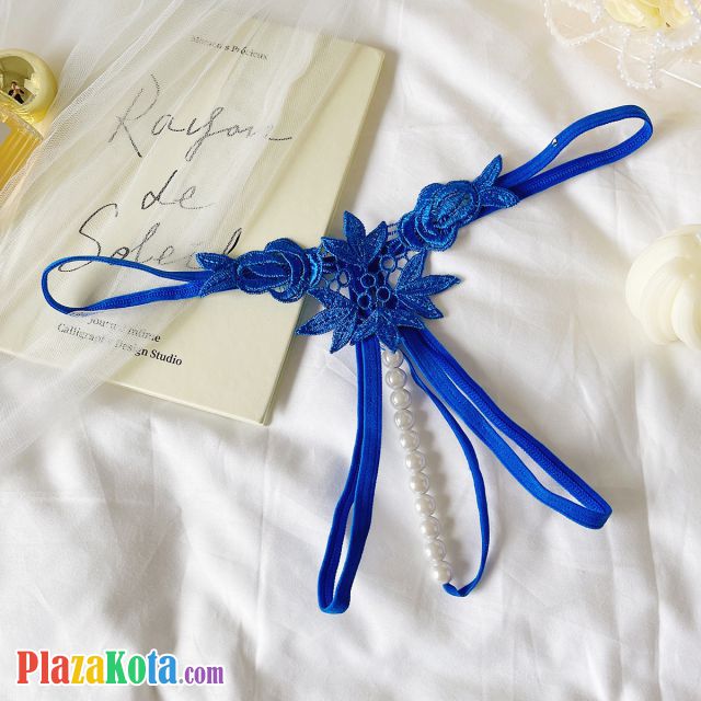 GS379 - Celana Dalam G-String Mutiara Crotchless Biru Bordir Bunga - Photo 1
