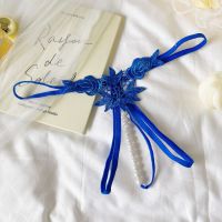 GS379 - Celana Dalam G-String Mutiara Crotchless Biru Bordir Bunga