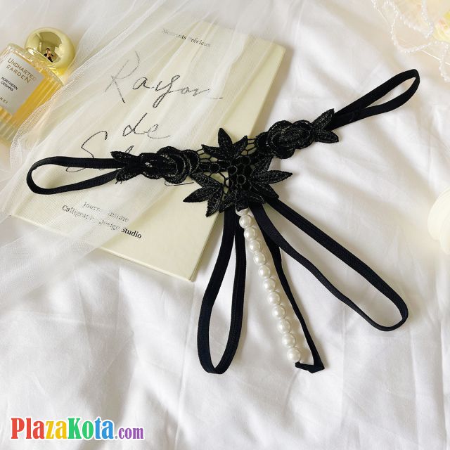GS380 - Celana Dalam G-String Mutiara Crotchless Hitam Bordir Bunga - Photo 1