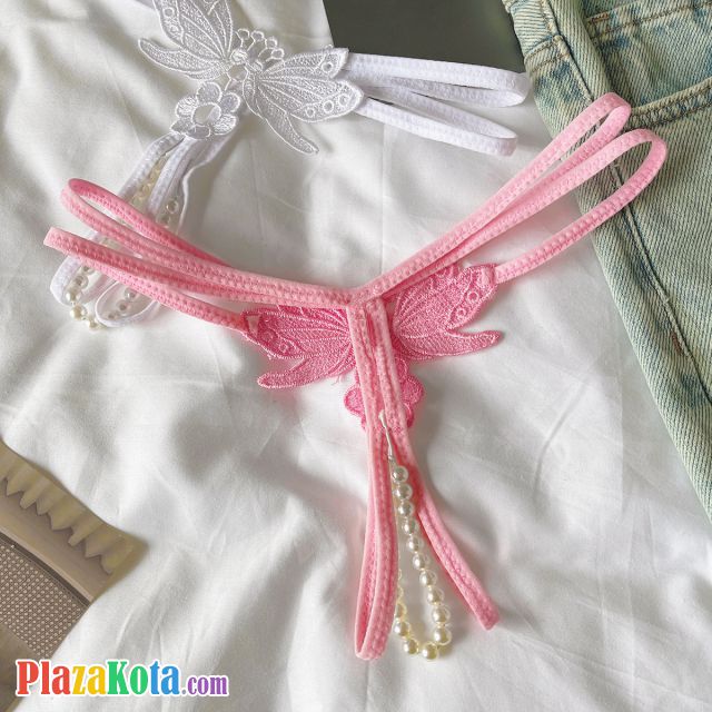 GS381 - Celana Dalam G-String Mutiara Crotchless Magenta Bordir Kupu-Kupu Tali 2 - Photo 2