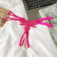 GS381 - Celana Dalam G-String Mutiara Crotchless Magenta Bordir Kupu-Kupu Tali 2