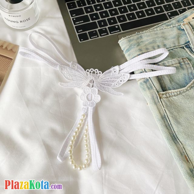 GS382 - Celana Dalam G-String Mutiara Crotchless Putih Bordir Kupu-Kupu Tali 2 - Photo 1