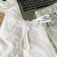 GS382 - Celana Dalam G-String Mutiara Crotchless Putih Bordir Kupu-Kupu Tali 2