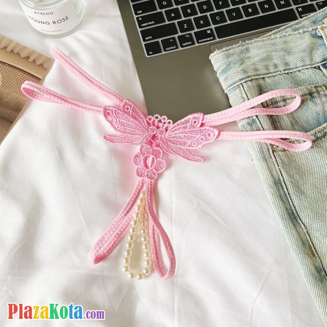 GS383 - Celana Dalam G-String Mutiara Crotchless Pink Bordir Kupu-Kupu Tali 2 - Photo 1
