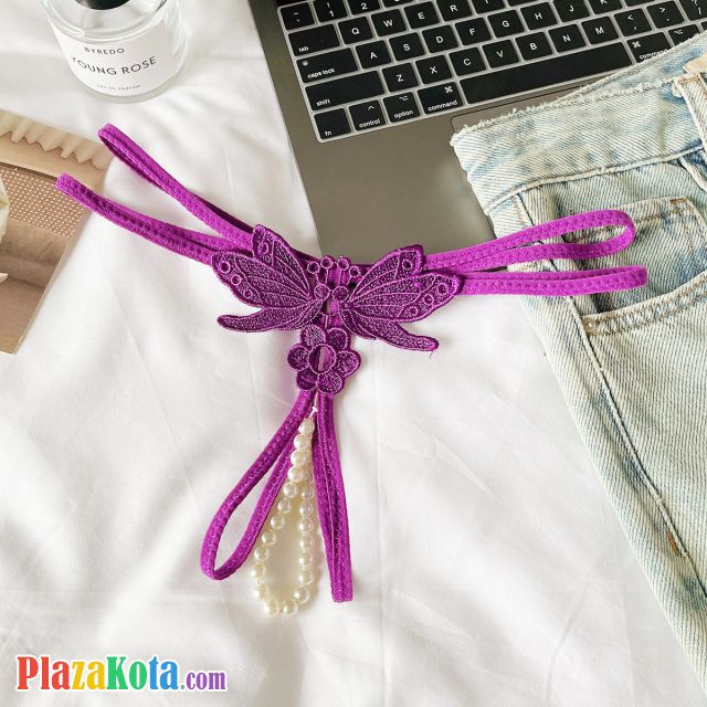 GS384 - Celana Dalam G-String Mutiara Crotchless Ungu Brokat Kupu-Kupu Tali 2 - Photo 1