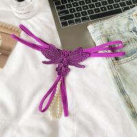 GS384 - Celana Dalam G-String Mutiara Crotchless Ungu Bordir Kupu-Kupu Tali 2