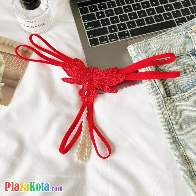 GS385 - Celana Dalam G-String Mutiara Crotchless Merah Bordir Kupu-Kupu Tali 2